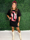 black t-shirt dress with sequin boots 