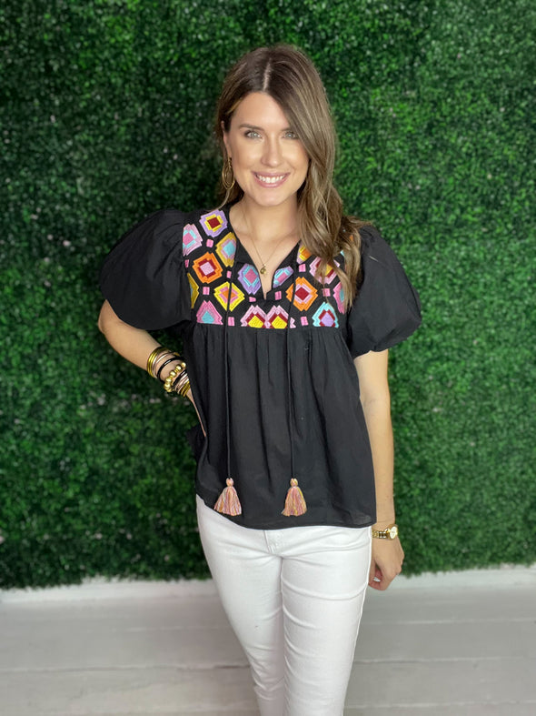 Black embroidered THML top with tassels