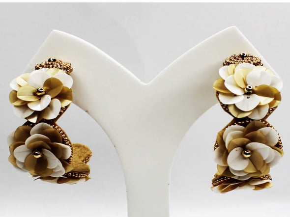 Tan, cream and gold flower hoop earrings 