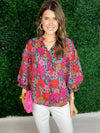 fuchsia print blouse with bubble sleeves