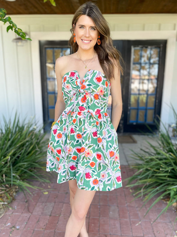 Green floral strapless dress with pockets