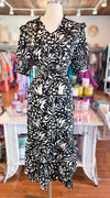 black and white THML maxi dress with smocked waistline 