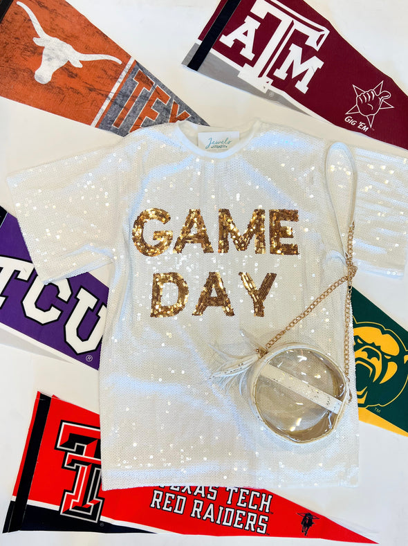 white sequin game day shirt dress