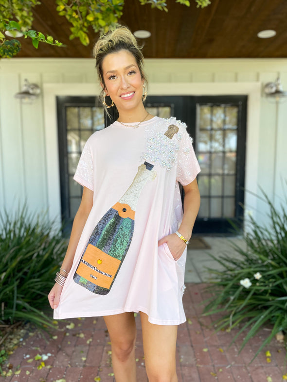 Queen of Sparkles Pink Dress with Champagne Bottle