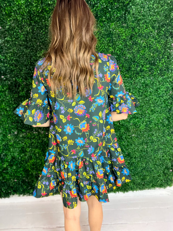 back of green floral dress