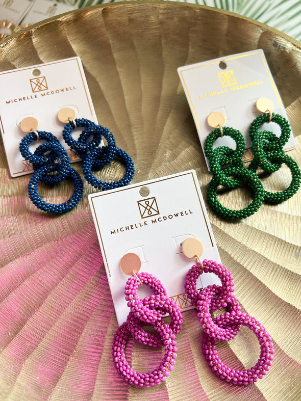 Navy, Forest Green, and Plum Beaded Hoop Drop Earrings