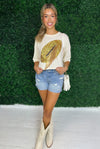 gold sequin football with fringe tee