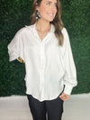 white shimmer button down top 