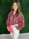 floral print blouse with bubble sleeves